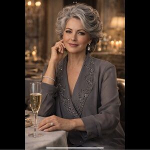 Christie of Cali NWT Size 24 Sheer Gray V Neck Long Sleeve Blouse Bugle Beads